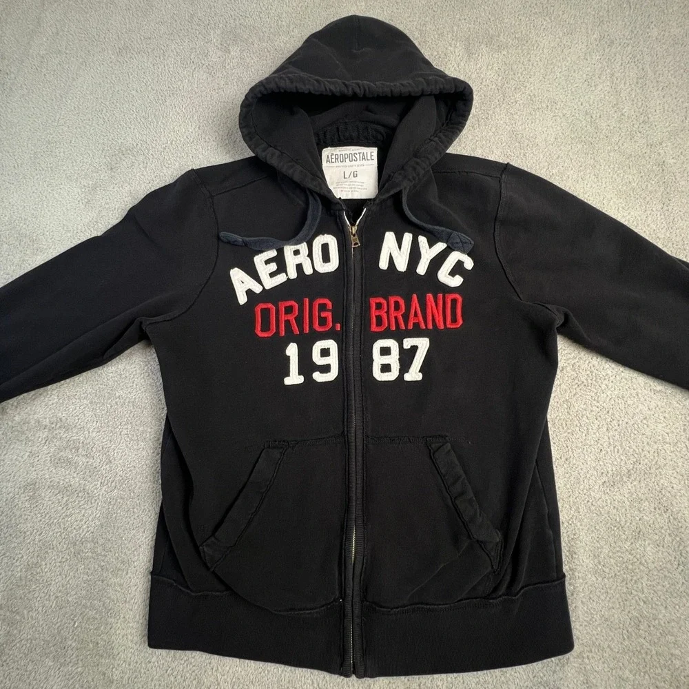 Aeropostale Mens Hoodie Large Black Sweatshirt FullZip Aero NYC 1987 Graphic Y2K